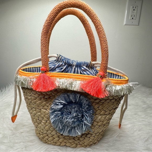 MILLY Pom-Pom Small Straw Tote Bag - Picture 6 of 11